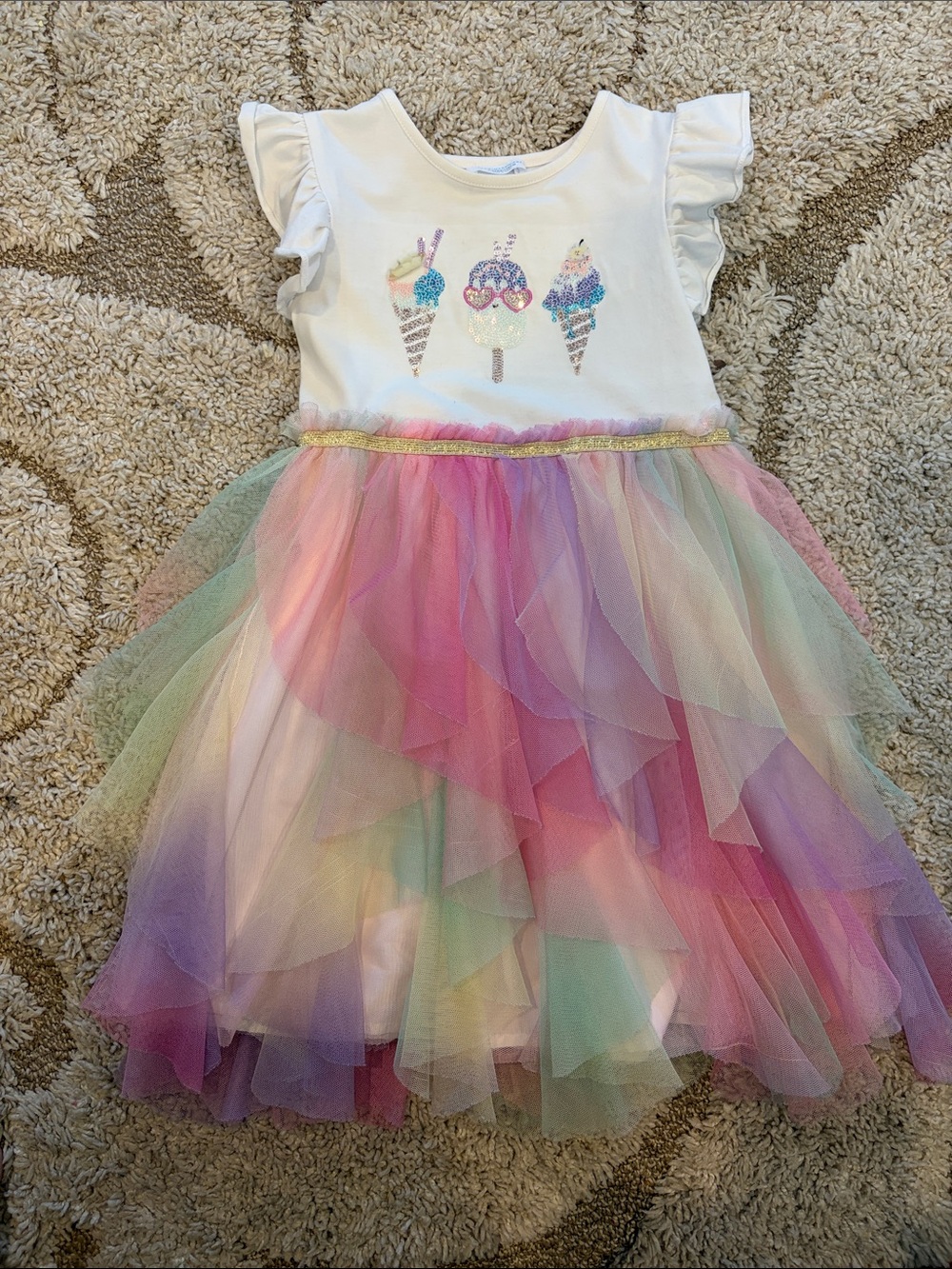 Primark Girls White Multicolor Tulle Ice Cream Dress Size 5-6 Years